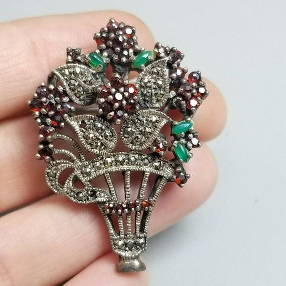 Vintage Sterling Silver Basket of Flower Brooch, Garnet Marcasite Encrusted Pin - Picture 1 of 9